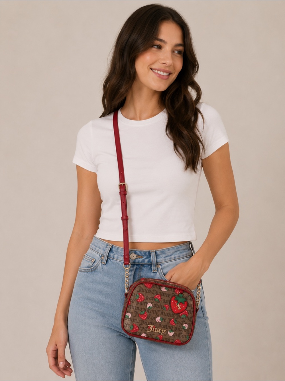 Juicy Couture Chestnut Strawberry Print Mini Retro Faux Leather Crossbody Purse